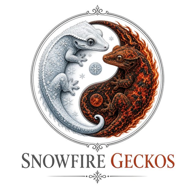 Snowfire Geckos logo: a crested gecko and gargoyle gecko in a fire and ice yin-yang